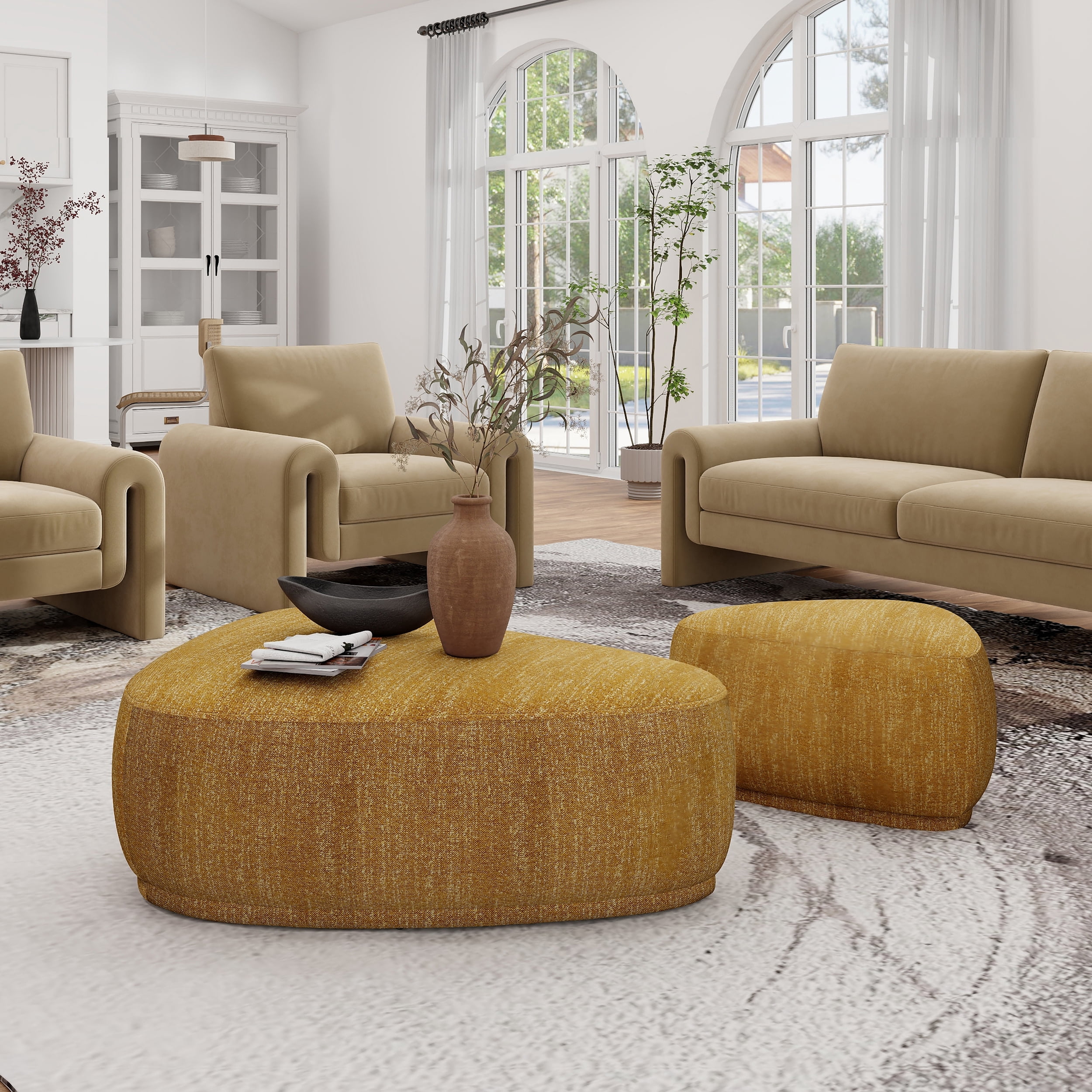 Jennifer Taylor Home Pebble 26" Rounded Triangle Cocktail Ottoman, Mustard Yellow Tweed