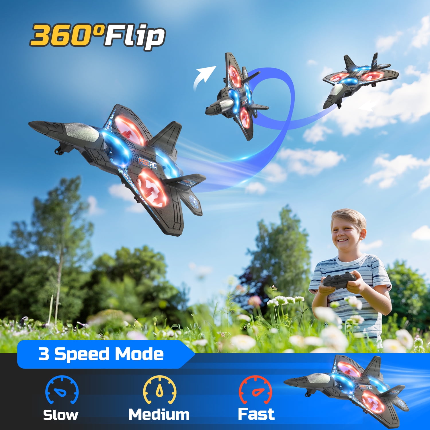 Foam RC Plane Drone for Kids, Remote Control Airplane Fighter Jet with LED Light, Auto Hover, 360°Flip, 2 Batteries (16 Mins Flight), Easy to Fly for Beginners