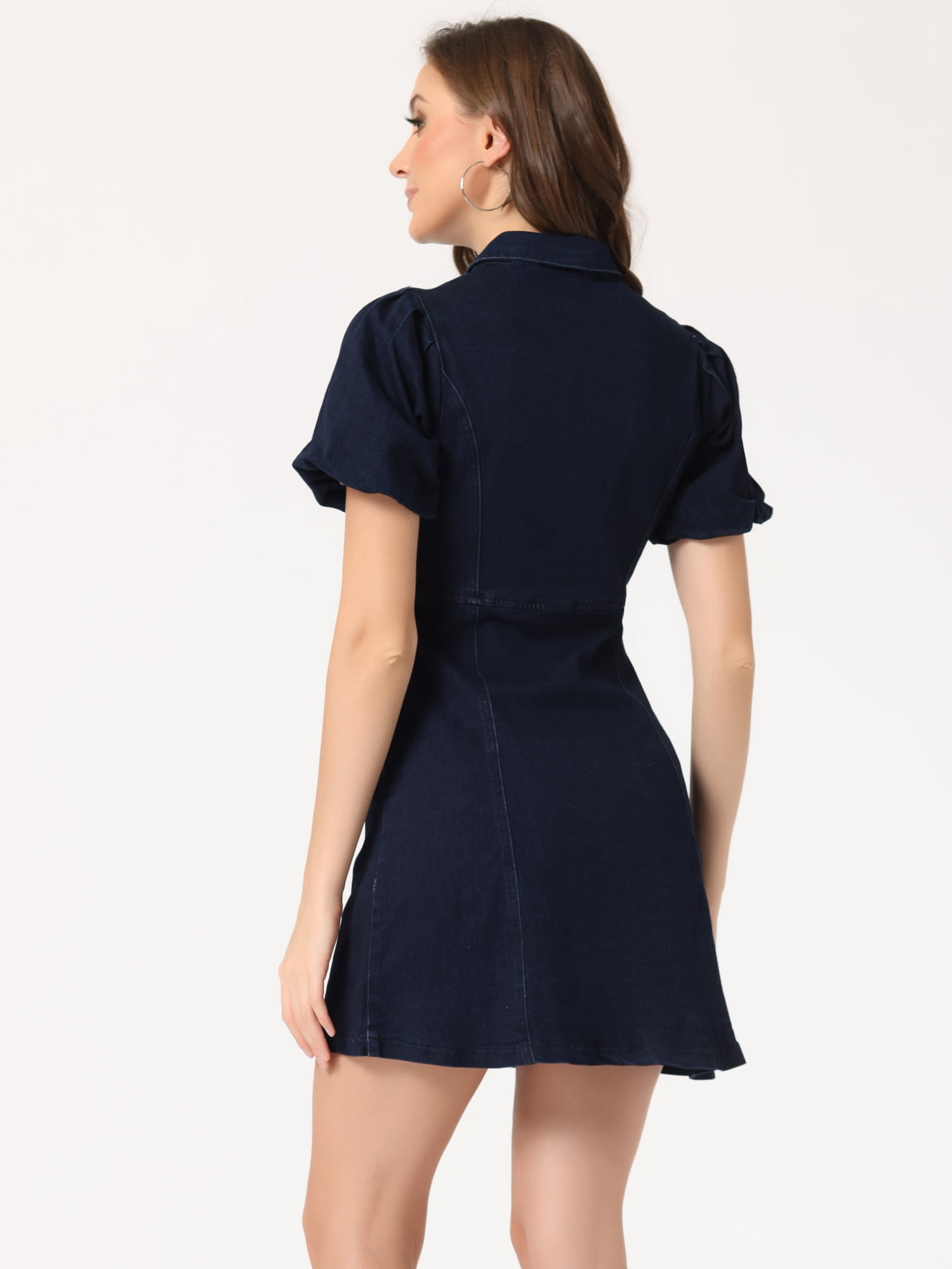 DARING DIVA Puff Short Sleeve Button Front Mini Jean Denim Dress S Deep Blue