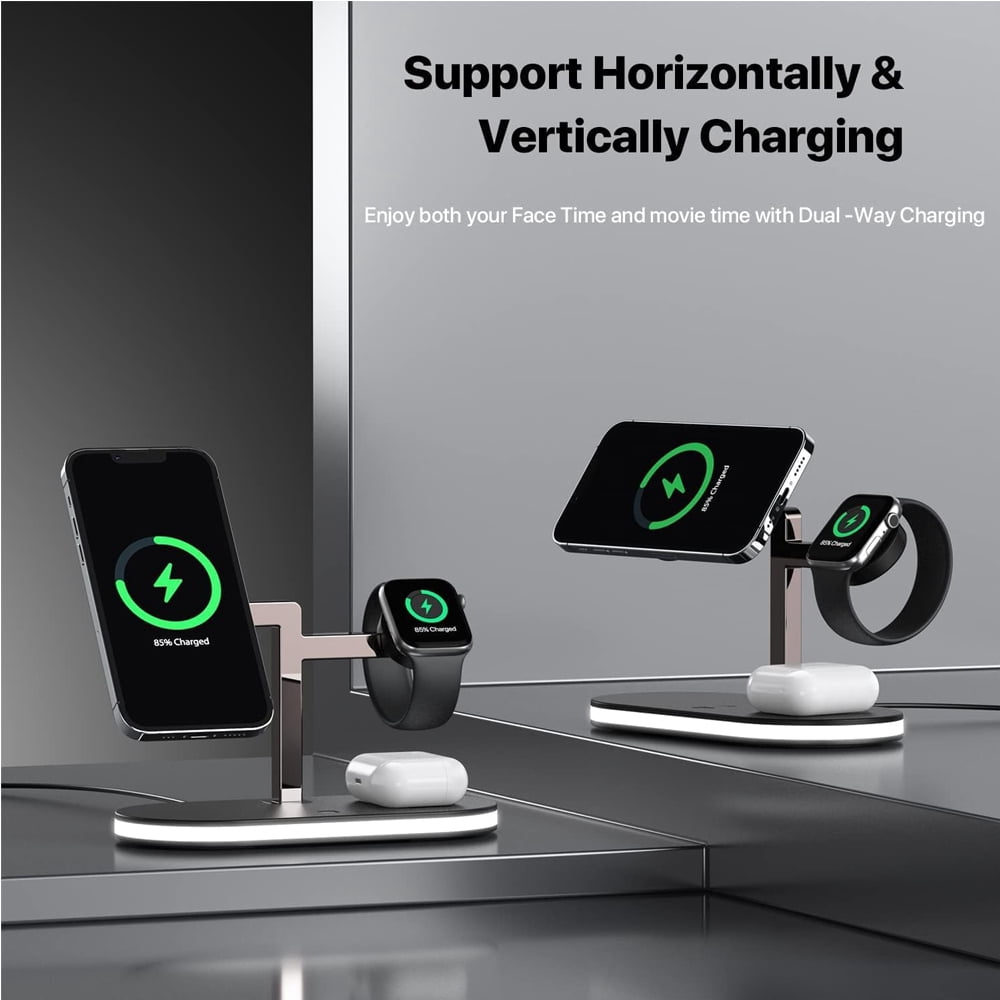 4 in 1 Aluminum Alloy Magnetic Wireless Charger Stand for Charger Stand Sdxps Fast Wireless Charging Station for iPhone 15 14 13/12 Series Apple Watch Airpods with LED Lamp 18W Adapter Black
