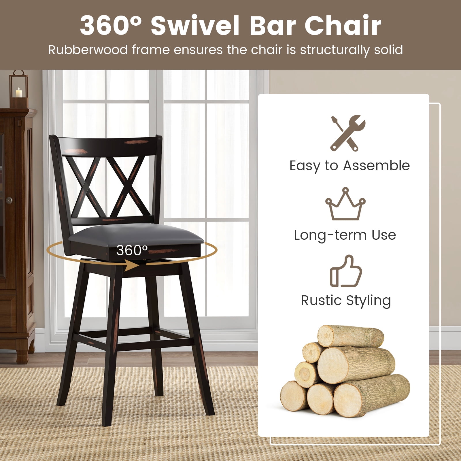 Costway 29" Bar Stools Set of 2 with Ergonomic Backrest Rubber Wood Legs Swivel Height Chairs Black, Gray