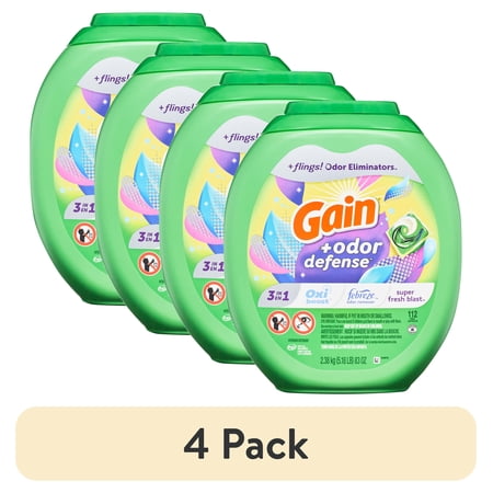 (4 pack) Gain Flings Laundry Detergent Pacs with Odor Defense, Super Fresh Blast Scent, 112 Count