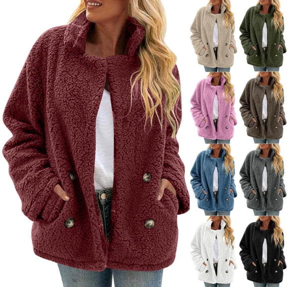Goodtrade8 Womens Jackets Fleece Flannel Coat Collar Plain Button Long Sleeve Casual Womens Tops for Winter