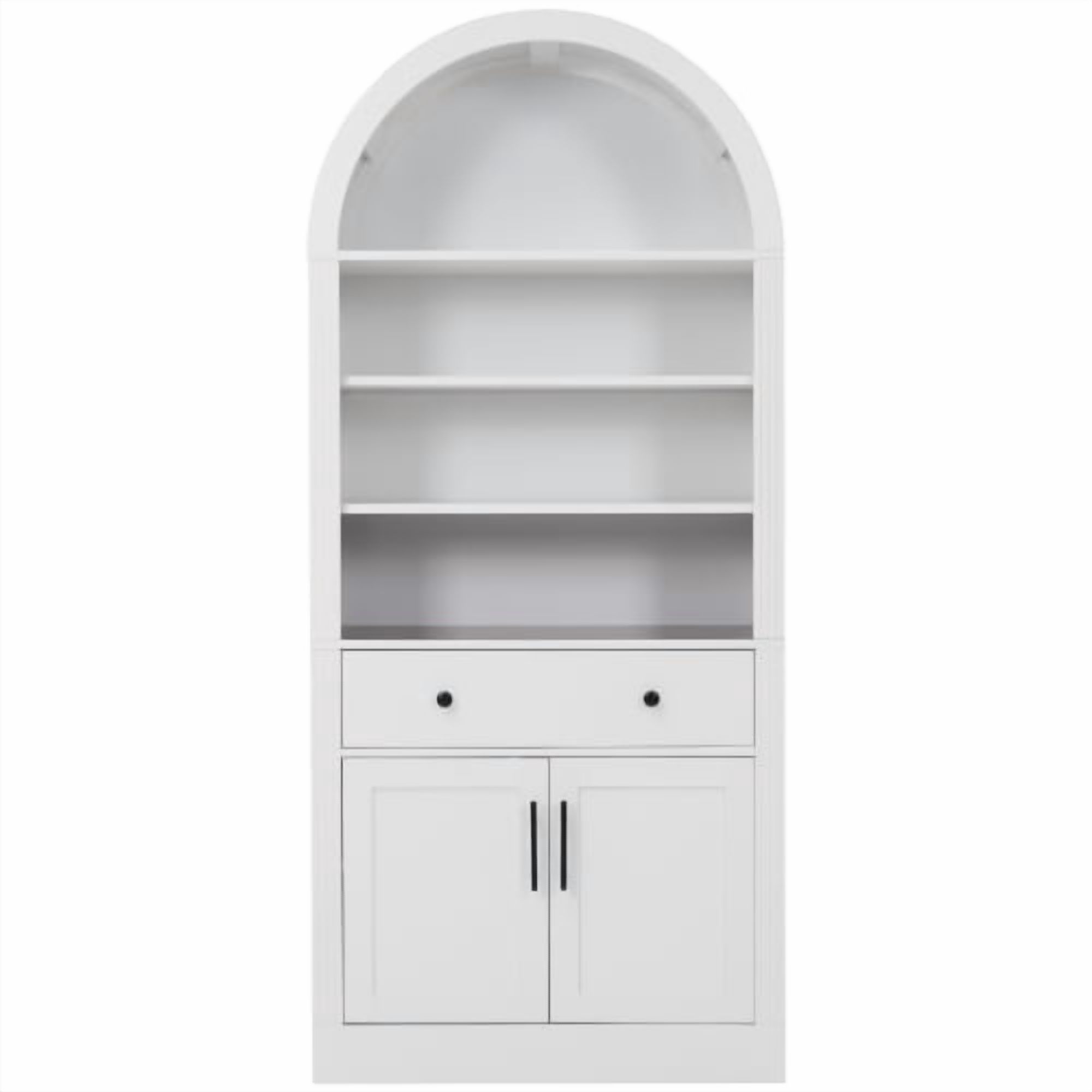 70.90"H Arched Bookshelf with Storage Cabinet, Tall Display Bookcase with Doors, Drawer & Adjustable Shelves, Freestanding Pantry Cabinet for Living Room, Home Office, Bathroom, White