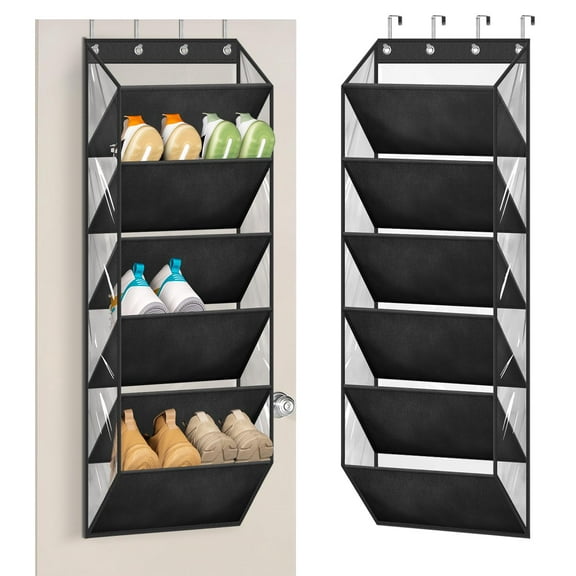 Clear Over The Door Shoe Organizer Storage Holds 12 Pairs, Narrow Door Hanging Shoe Rack for Closet, Deep Pockets Shoe Holder Hanger for Sneakers, Boots (Black)