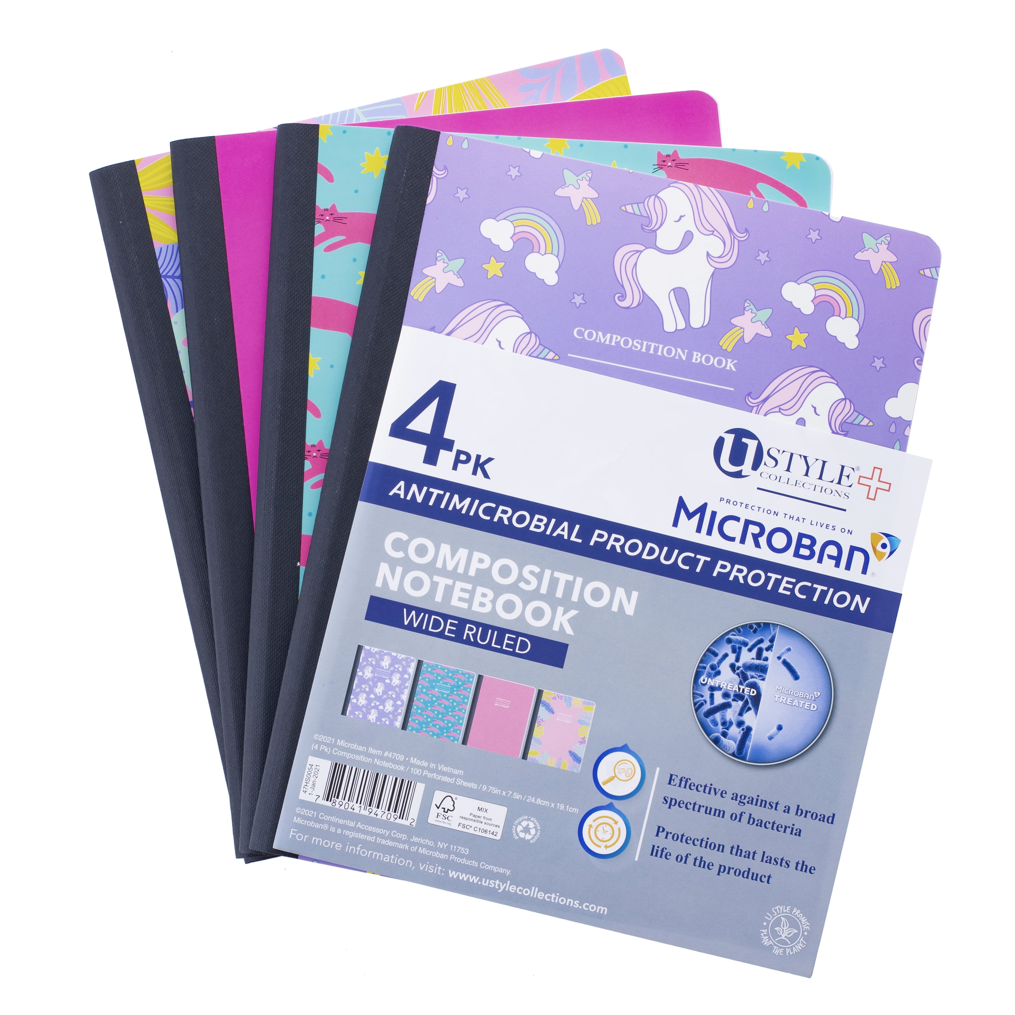 U Style Fashion Antimicrobial Composition Book with Microban®, 100Sh, WR, 4Pk