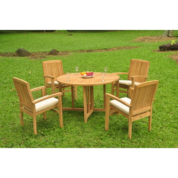 Grade-A Teak Dining Set: 4 Seater 5 Pc: 48" Round Butterfly Table And 4 Wave Stacking Arm Chairs Outdoor Patio WholesaleTeak #WMDSWVi
