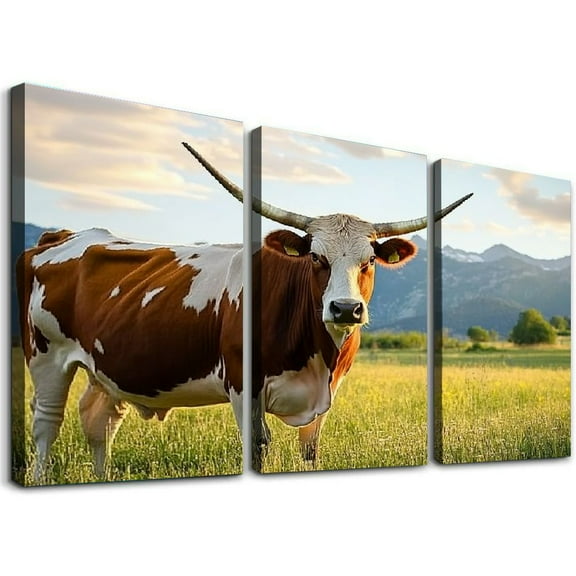 Visual Art Decor Large Animals Canvas Wall Art Texas Decor Longhorn in Sunset Farm Picture Prints and Stretched Painting for Modern Home Living Room Decoration