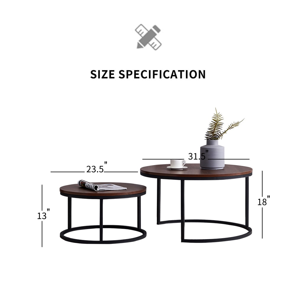 Private Jungle Round Nesting Coffee Table Set of 2 Modern Accent Coffee Table with Walnut Wooden Top and Black Metal Frame-31.5" Private Jungle Round Nesting Coffee Table Set of 2 Modern Accent Coffee Table with Walnut Wooden Top and Black Metal Frame-31.5"