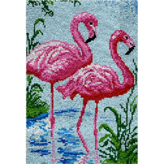 Kit de Crochet de Loquet de Fabrication de Tapis / Flamingo Love (58x87cm Toile Vierge)