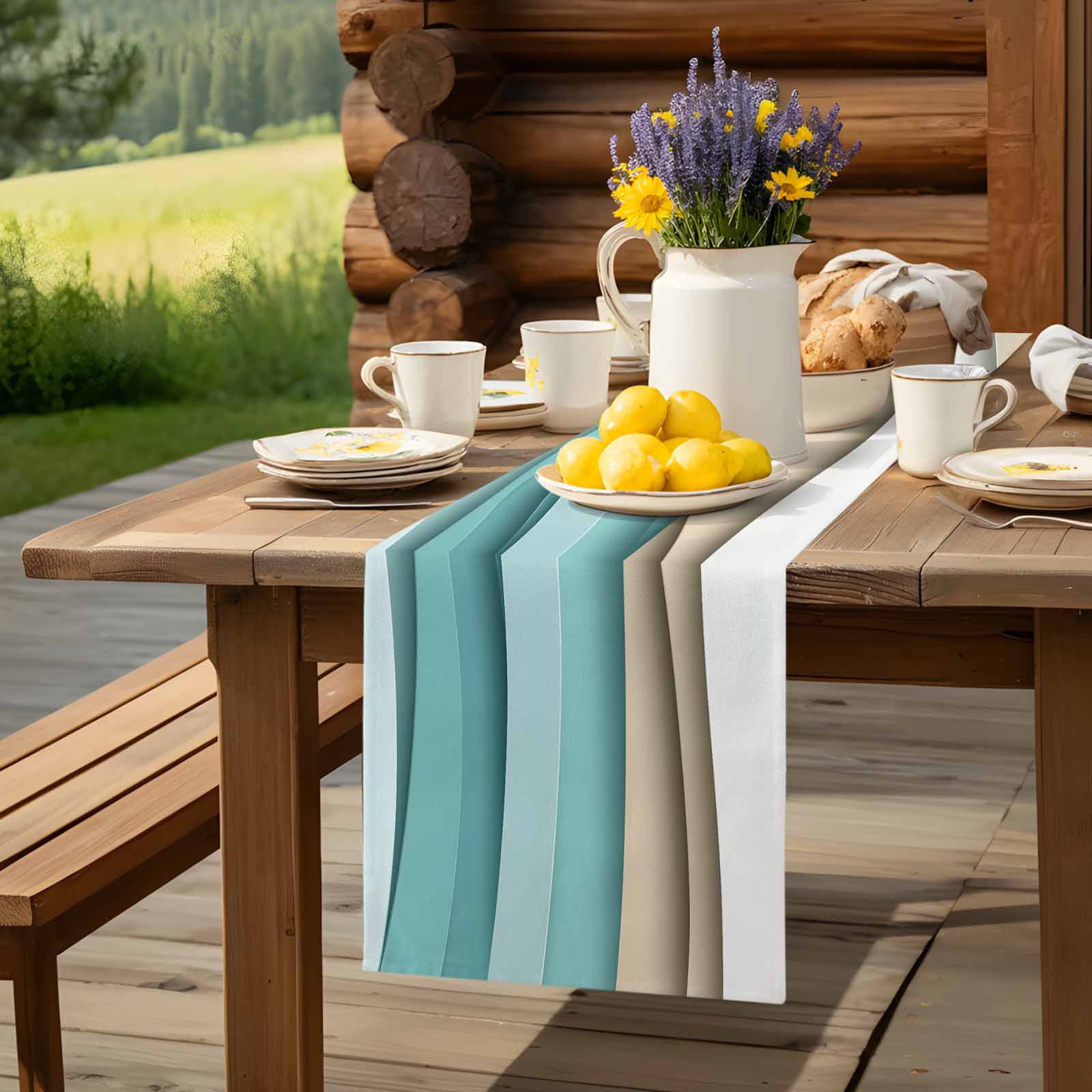 Teal Brown Gradient Water Ripple Table Runner 90 Inches Long, Abstract Geometric Table Runners Tabletop Scarf Kitchen Dining Tables Decoration for Home Party Indoor Outdoor