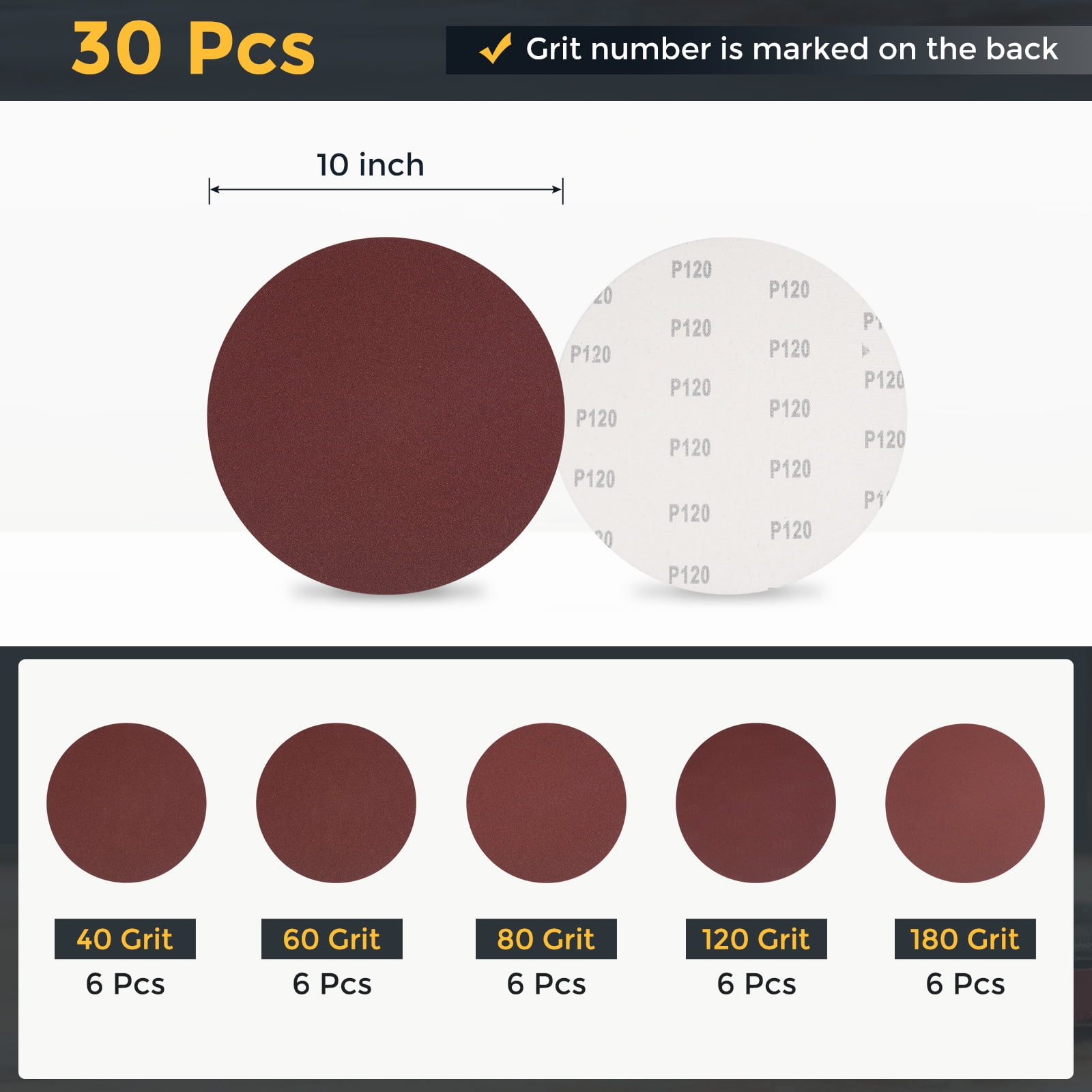 30 Pcs 10 Inch Sanding Disc 40/60/80/120/180 Grit Hook and Loop Sandpaper Random Orbital Sander Pads for Woodworking Automotive Metal Polishing, Red