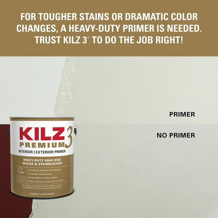 KILZ 3 Premium Water-Based Primer, Interior and Exterior, Stain