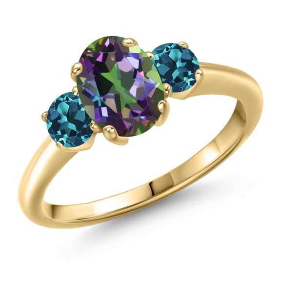Gem Stone King 10K Yellow Gold Green Mystic Topaz and London Blue Topaz Engagement Ring for Women | 2.24 Cttw | Oval 8X6MM | Gemstone November Birthstone | Size 6