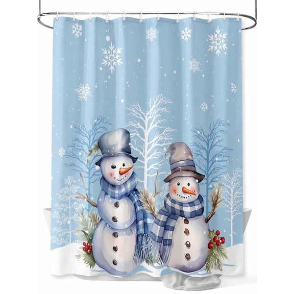 Winter Blue Snowman Christmas Shower Curtain Set, Waterproof Shower Curtains for Bathroom, Snowflake Xmas Tree Washable Fabric Cloth Bath Curtain for Bathtub Decoration with Hooks 72x78 Inches