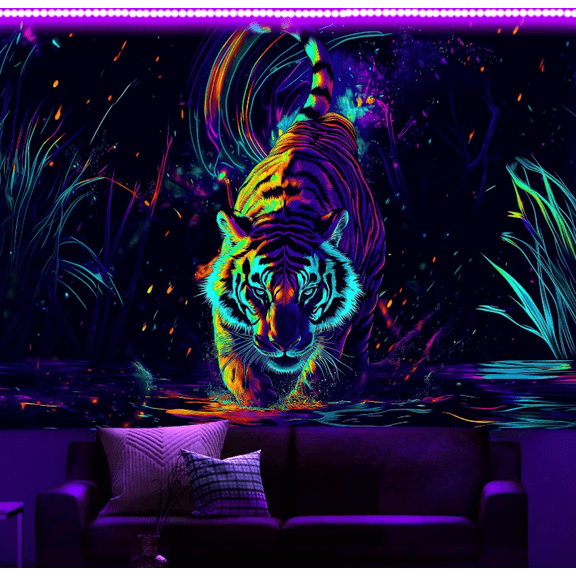 Blacklight Tapestry, Trippy Lion Tapestry for Bedroom, UV Reactive Tapestries, Neon Hippie Neon Flowers Plants Wall Tapestry Magic River Landscape Wall Hanging for Living Room,40X30