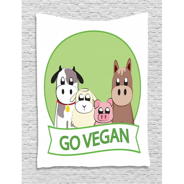 Vegan Tapestry, Sweet Cartoon Style Farm Animals and the Go Vegan Slogan on  a Green Colored Circle, Wall Hanging for Bedroom Living Room Dorm Decor,  60W X 80L Inches, Multicolor, by Ambesonne -