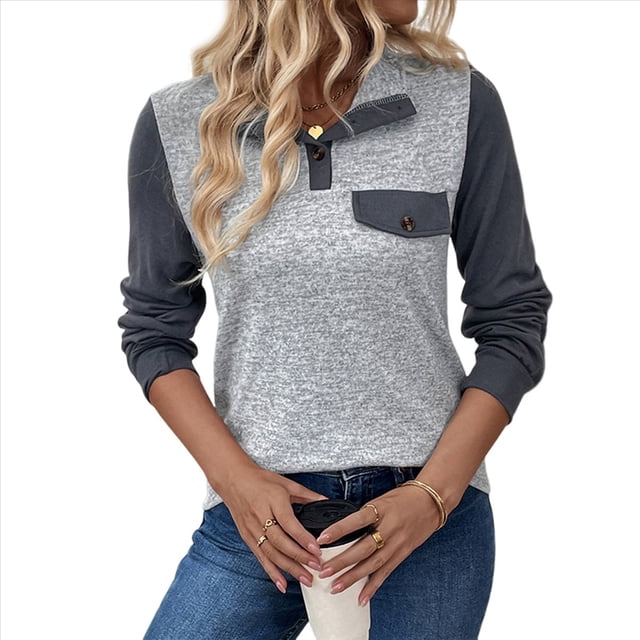 Blusa Holgada de Retazos con Cuello de Solapa y Botones de Larga con Bloques de Color para Mujer, Estilo Urbano Y2K Gris M