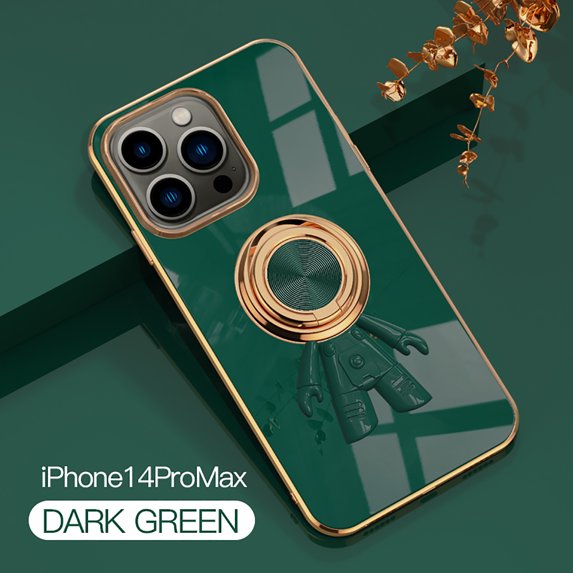 Feishell Slim Case for iPhone 14 Pro Max,Stylish Plating Cute Astronaut Portable Finger Ring Kickstand Shockproof Lightweight Flexible Silicone Magnetic Car Holder TPU Phone Case,Darkgreen