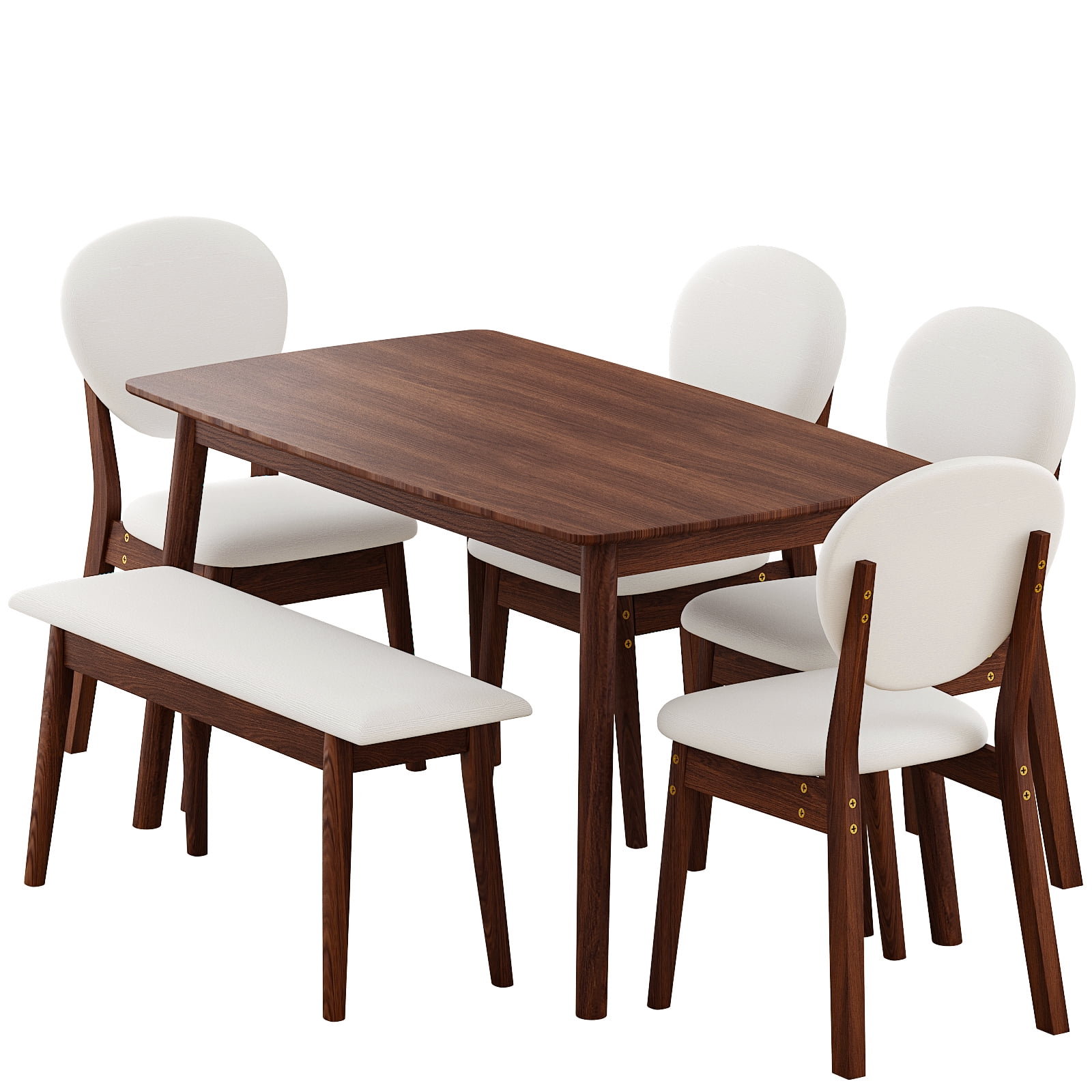 Ktaxon Solid Wood Dining Table Set for 6, Mid-Century Dining Room Table with 4 Padded Chairs & Bench, 47.3" Dining Room Set for 4~6 Family Use, Walnut