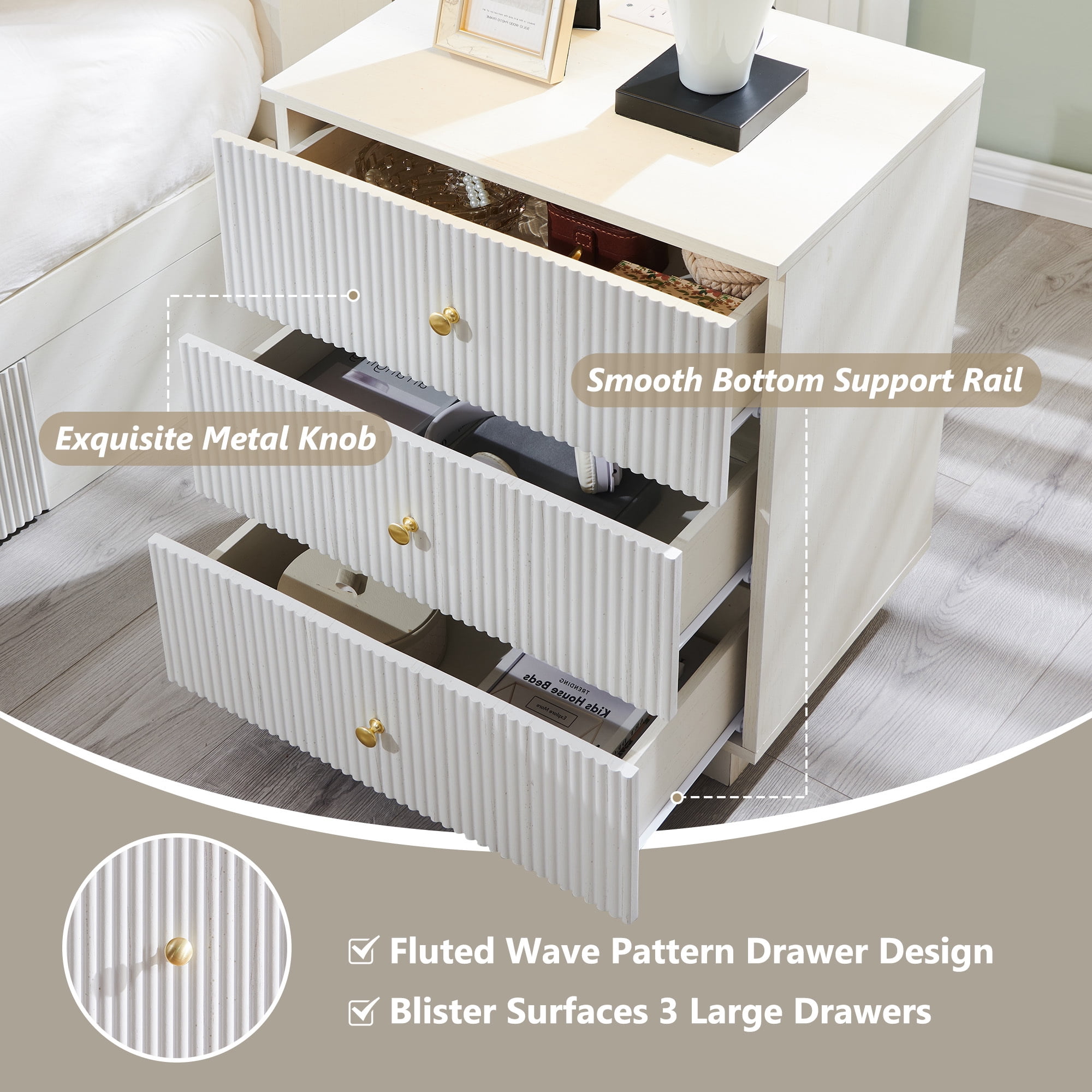 wow97e Modern Fluted Nightstand with Charging Station, 21.65" End Table with 3 Drawer, Bedside Table for Bedroom, Living Room