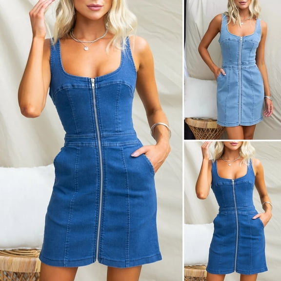 Joernso Women's Sleeveless Denim Dress Zipper Front Mini Jean Dress Summer Casual Tank Denim Dress with Pockets