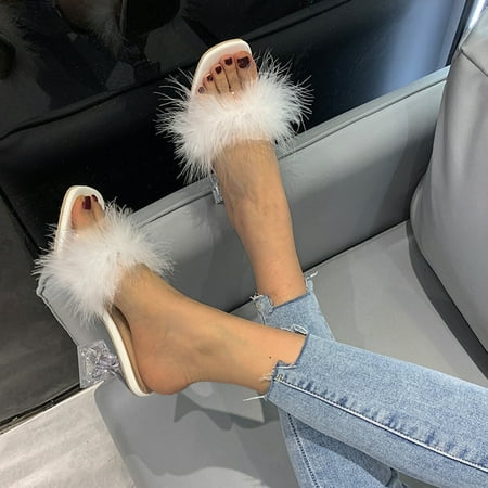 

Cathalem Boots for Women Knee High Low Heel Transparent Plush Heel Slippers Breathable Sandals Fashion Bow High Heels for Women White 8