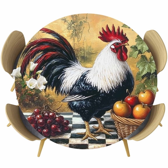 Black White Retro Rooster Round Tablecloth 36-44 Inch Round Fitted Table Cloth with Elastic Edge, Farmhouse Animals Watercolor Waterproof Table Cover Protector for Outdoor Picnic Party Dining