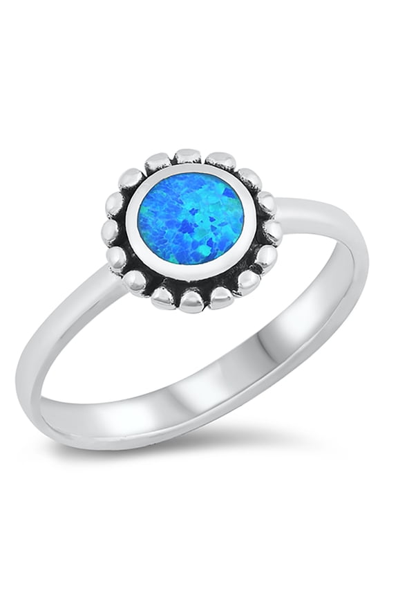 Round Blue Simulated Opal Beaded Sunflower Ring Sterling Silver Size 6