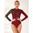 thumbnail image 3 of MSemis Women's Sheer Mesh Long Sleeve Ballet Dance Gymnastics Leotard Rhinestone Figure Skating Costume Burgundy S, 3 of 5