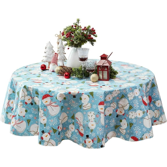 Let It Snow Blue Snowman Christmas Print 70 inch Round Vinyl Flannel Back Dining Tablecloth