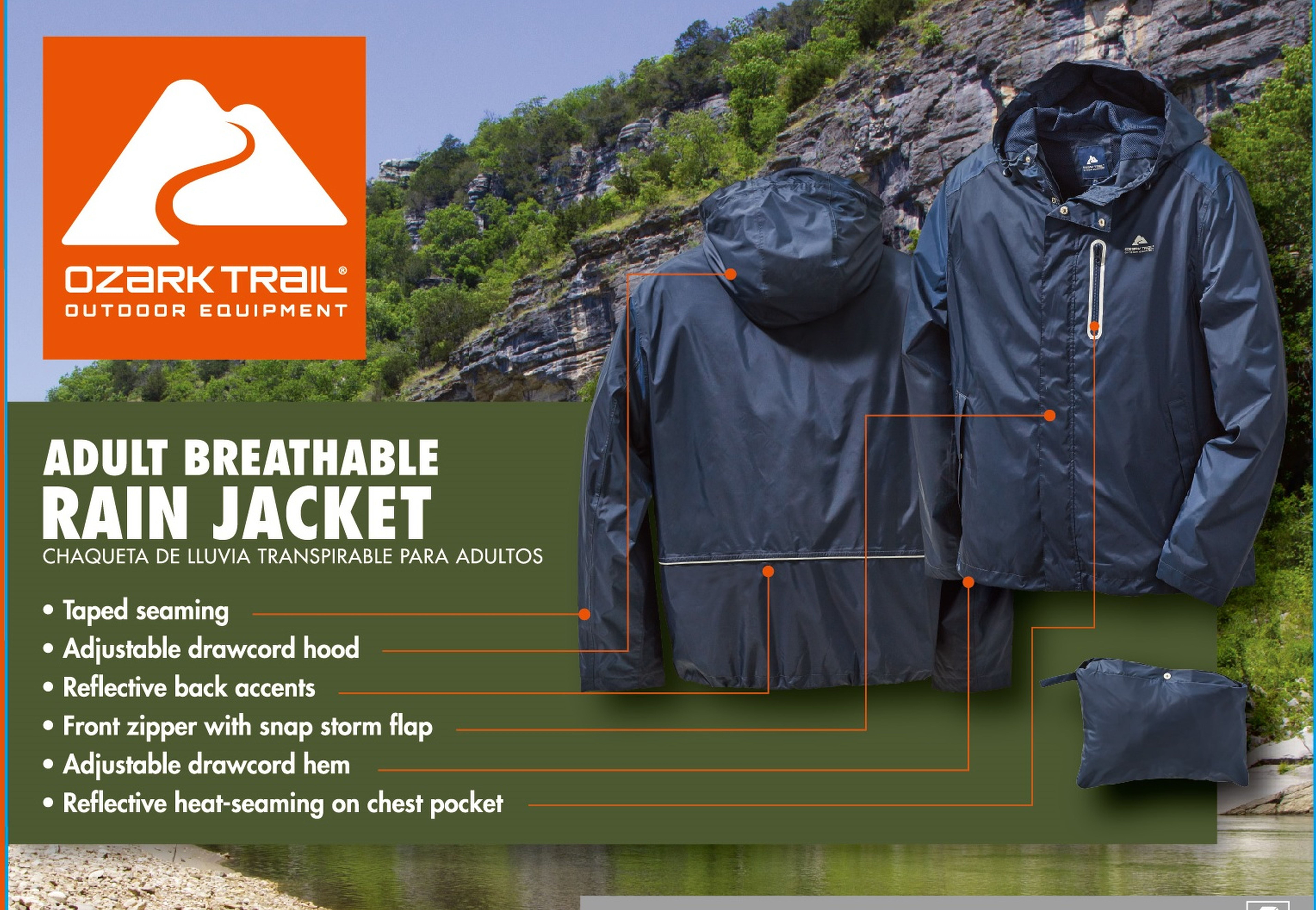 (2 pack) Adult Breathable Rain Jacket,Ozark Trail,Unisex,Set-in Long Sleeve,Clothing Size: XL/XXL (48-50), Polyester  Rain Jacket, Men's & Women's