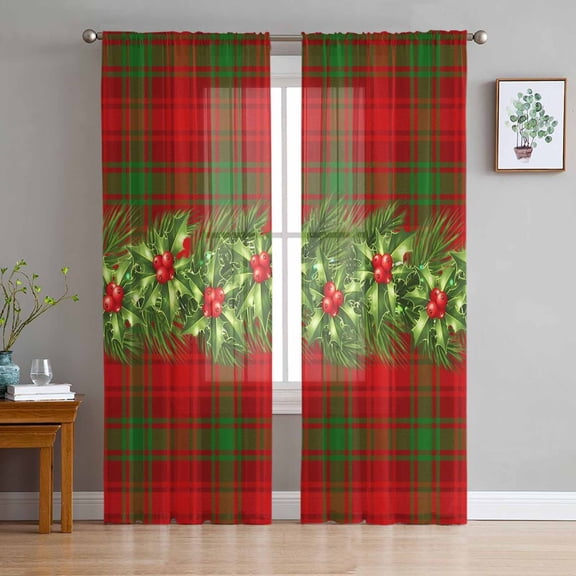 ERUNPONLY Christmas Sheer Curtains 63 Inch Length 2 Panels Set, Xmas Botanical Berry Green Red Plaid Voile Window Treatment Rod Pocket Curtains Sheers Drapes for Bedroom/Living Room/Kitchen 52x"63"x2