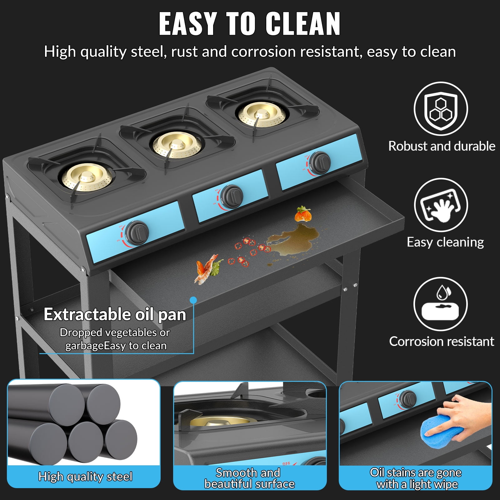 Propane Gas Stove-40000BTU Portable Gas Stove, with Removable Leg,Auto Ignition Camping Stove,3 Burner Propane Burner for RV, Apartment, Outdoor
