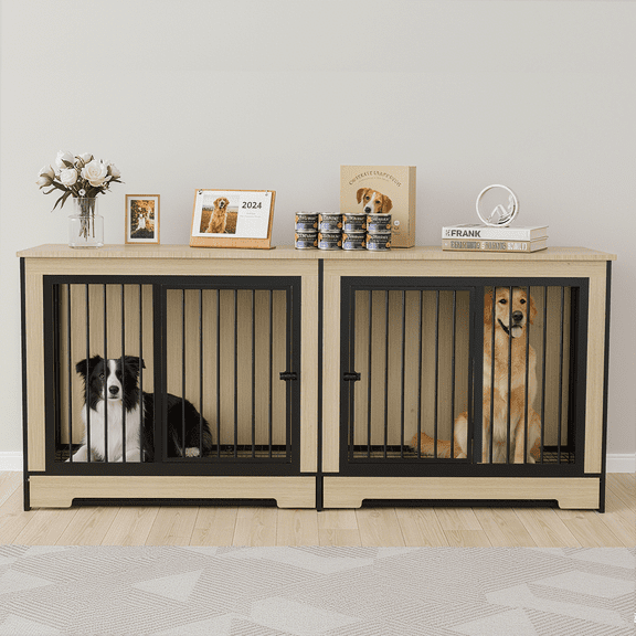 ZephyPaws 75 in Double Dog Crate Furniture with Removable Tray,Heavy Duty Extra Large Cage Furniture with Divider for 2 Dogs,Decorative Wooden Kennel Indoor,Pet House for Large Medium Dogs,Brown