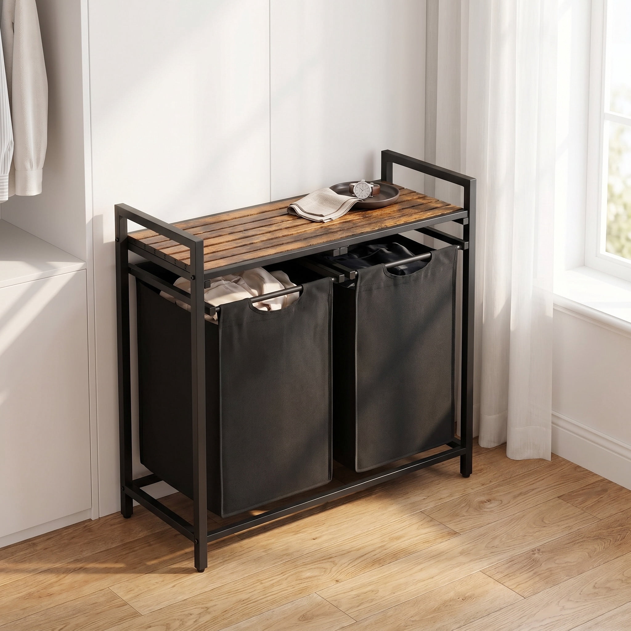 Nordic Hygge 2-Bag Laundry Sorter with Storage Shelf, Ink Black & Rustic Brown
