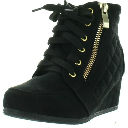 - LINK PEGGY-63K Children Girl's Wedge Heel Lace Up Diamond Shape Quilted Sneakers