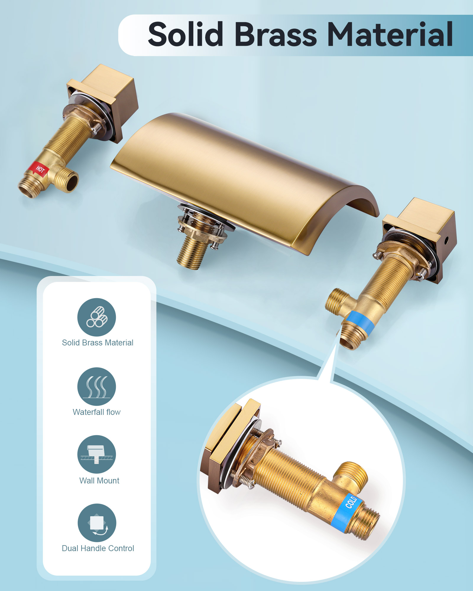 Wowow 2 Handle Waterfall Tub Faucet, Brass 3-Hole Bathtub Faucet, Gold
