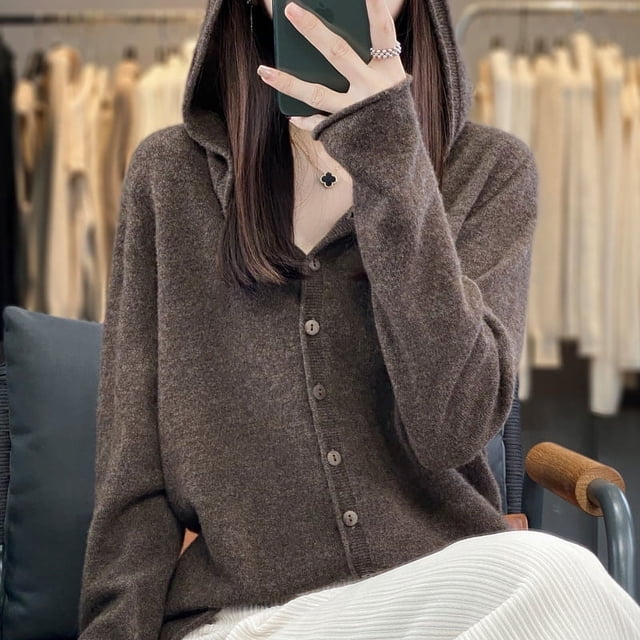 Chaqueta tipo suéter de cachemira con capucha y sin costuras confeccionada para mujer de pura lana merino australiana