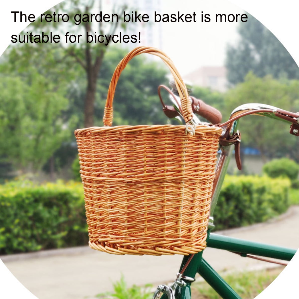 Front Handlebar Rattan Basket Vintage Wicker Bicycle Basket with Tan Leather Straps LIUSHUI Wicker Bike Basket for Small Dogs Cats Pet Carrier Bicycle Front Basket with Wire Mesh Cover Wood Color 