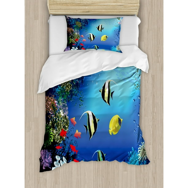 Underwater Twin Size Duvet Cover Set, Tropical Undersea with Colorful