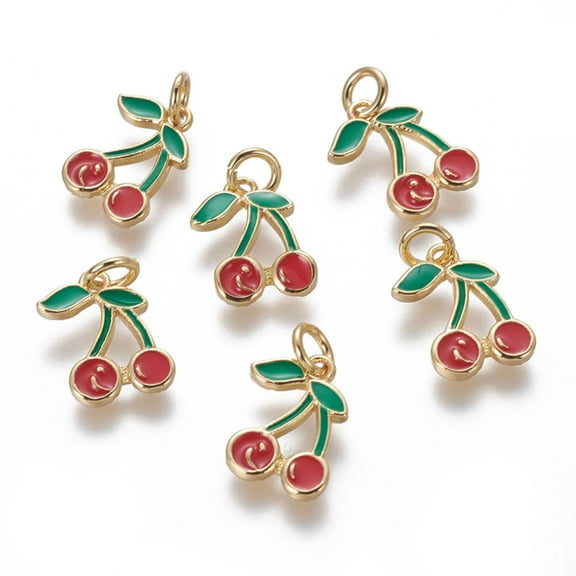 5 pc Brass Enamel Charms Cherry Golden Colorful 13x11x1.5mm Hole: 3mm
