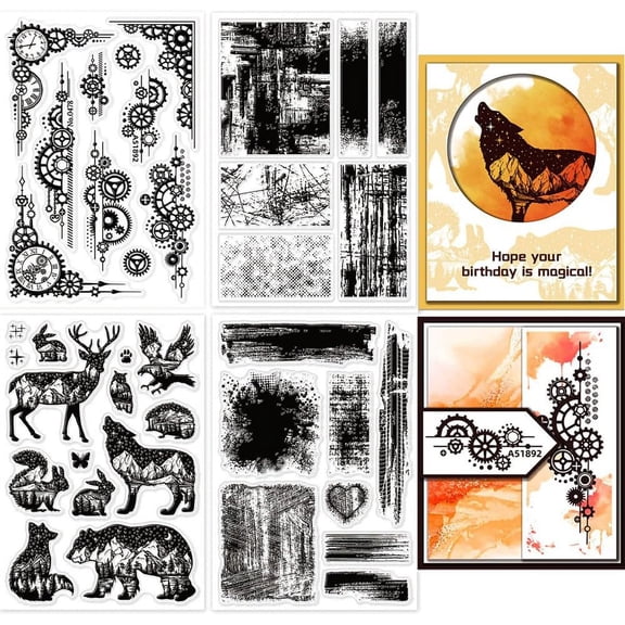 4 Sheets Animal Landscape Silhouettes Clear Stamps for Card Making Stains Background Silicone Clear Stamp Seals Gear Corners Transparent Stamps for DIY Scrapbooking Journals Decorative