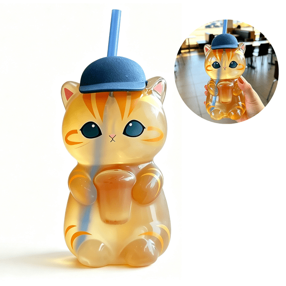 21.5oz Mofusand Cat Glass Cup with Straw, Clear Glass Cold Drink Cup, Novelty Cartoon Animal Water Bottle for Iced Coffee, Juice and Other Beverages, Home Travel Party Gift for Cup Lovers