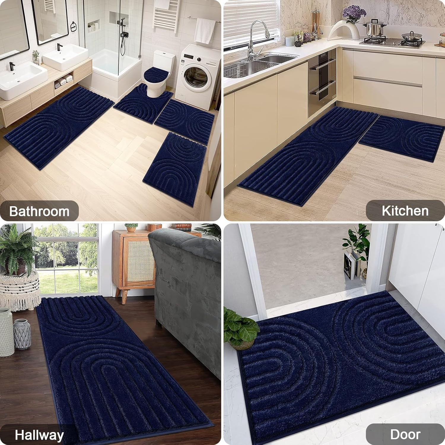 Bathroom Rugs Set 5 Piece, Plush Absorbent Bath Mats for Bathroom, Non Slip Machine Washable Bath Mat Set with Toilet Cover, Bath Runner and U-Shaped Contour Toilet Rug, Beige