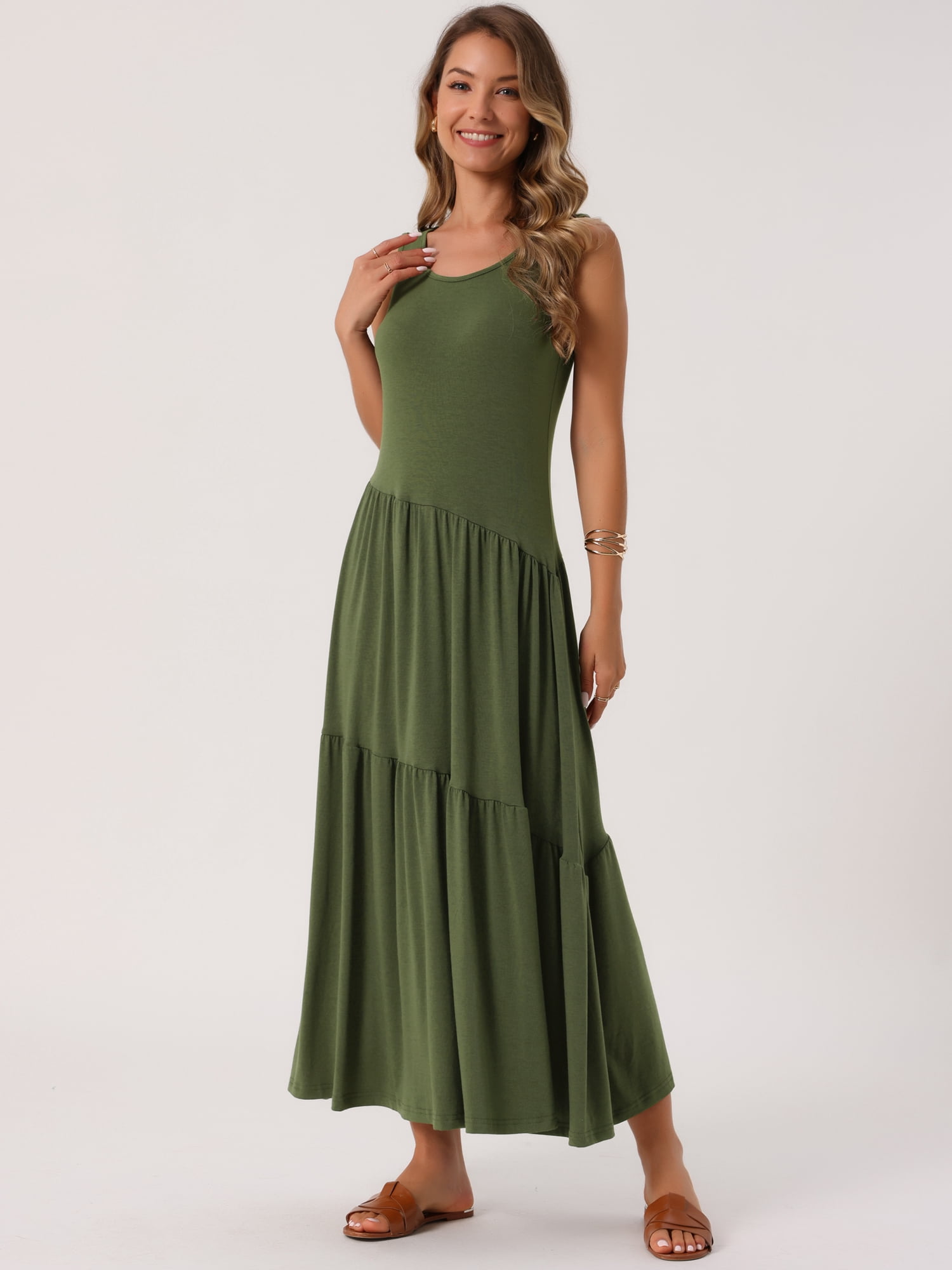 DARING DIVA Summer Casual Sleeveless Crewneck Maxi Dress M Army Green