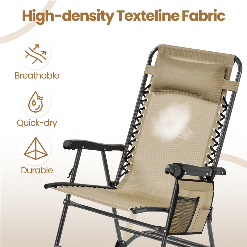 Alden Design 26in Foldable Rocking Lounge Chair with Cupholder/Pillow for Patio, Beige