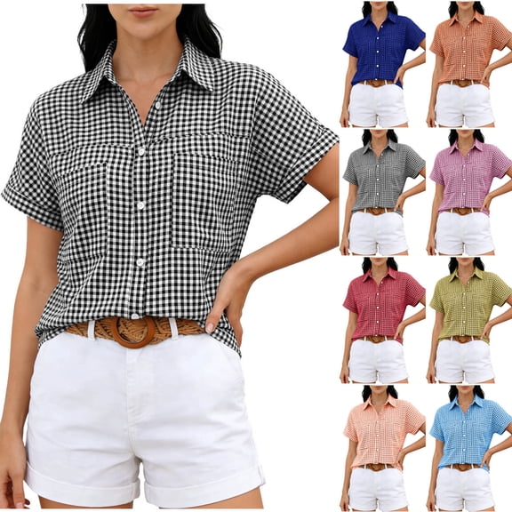 PIWHJQK Women Casual Sleeveless T Shirt Blouses Plaid Notched Collar Short Sleeve Buttoned Shirt with Front Pocket Summer Outfits