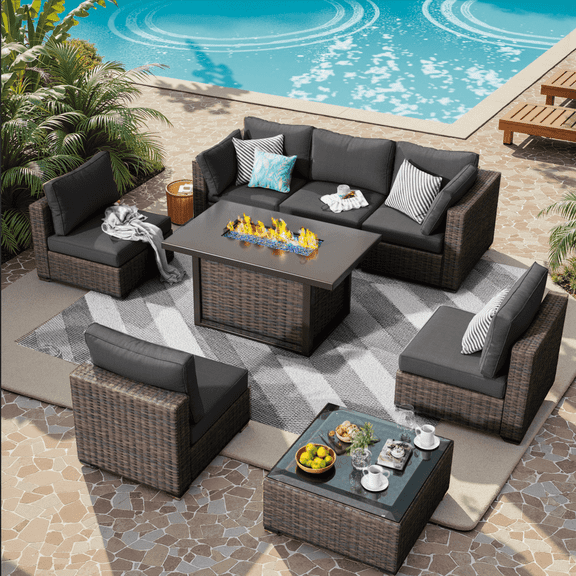 Gaildon 8 Piece Patio Furniture Set with Fire Pit Table, All Weather Outdoor Sectional PE Rattan, Patio Conversation Sets with Cushions for Garden Lawn Balcony Porch Deck, Black