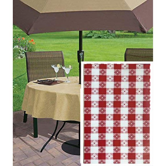 Newbridge Red Bistro Tavern Check Vinyl Flannel Backed Tablecloth - Checkered Vinyl Picnic, BBQ and Dining Tablecloth - 70” Zippered Umbrella Round